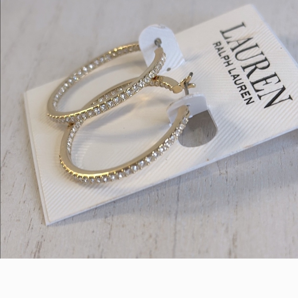 NWT Lauren Ralph Lauren Gold Pave Crystal Hoop Earrings